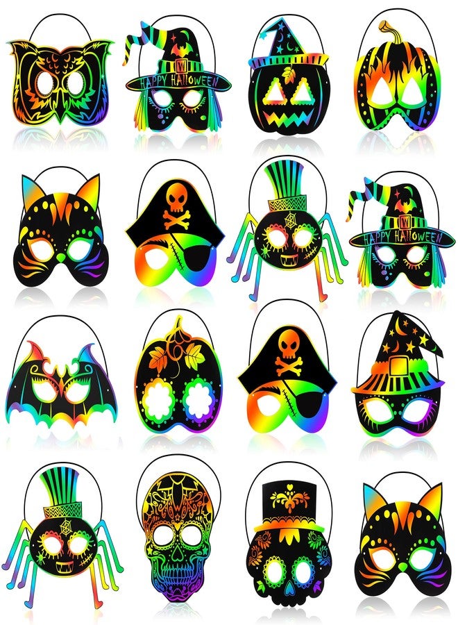 GOMANCHE 36 Pieces Halloween Scratch Art Masks for Kids, DIY Rainbow Magic Scratch Paper Masks for Crafts, Bat Witch Pumpkin Spider Pirate Skull Scratch Mask Crafts for Halloween Party Supplies - Image 1